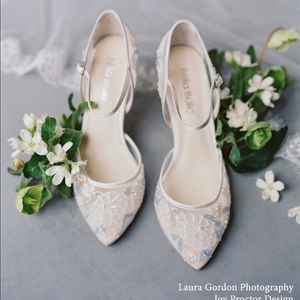Vivian Blue Floral Lace Ivory Wedding Block Heel